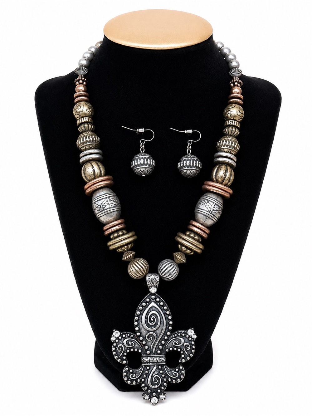 Fleur-de-Lis Multi-Tone Statement Necklace & Earring Jewelry Set. - Picture 14 of 14